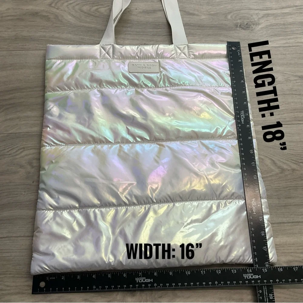 New with tag Bath and Body Works Iridescent White Puffer Tote